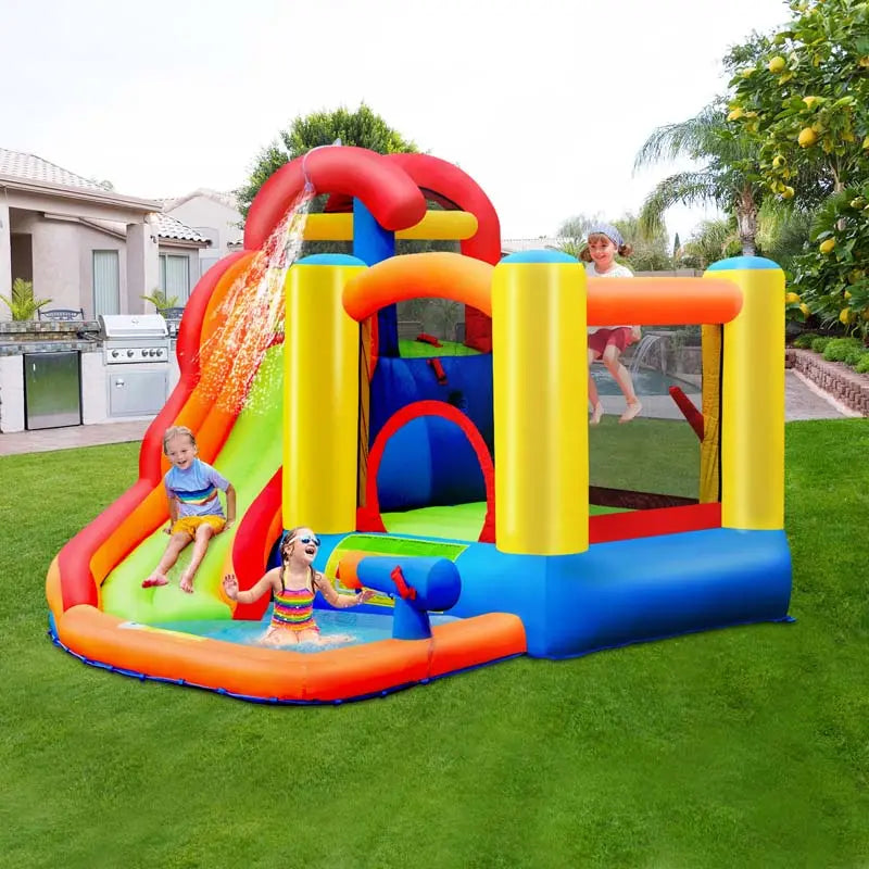 6-In-1 Inflatable Water Play Center With Slide, Trampoline Deck And 740W Air Blower