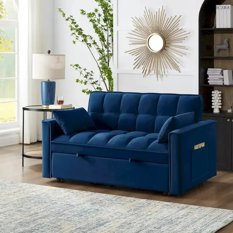 Tufted Loveseat Sofa Bed - Pull-Out Sleeper With Adjustable Backrest And Storage Pockets
