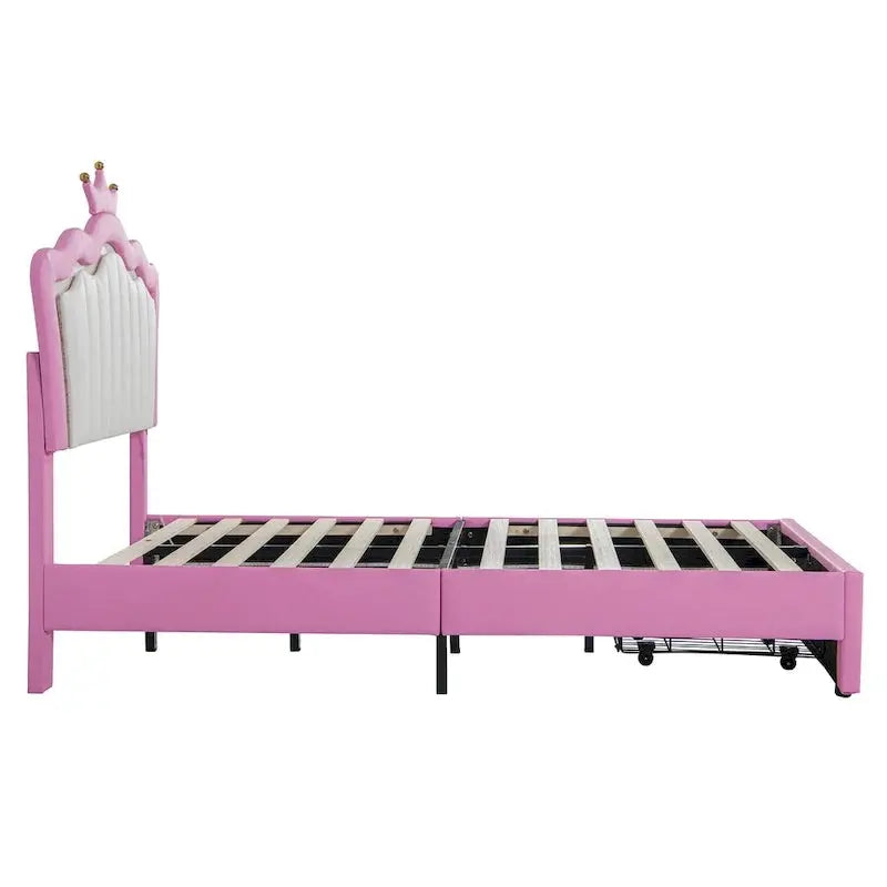 Princess-Themed Twin Upholstered Platform Bed Frame With Crown Headboard, LED Lights And Storage Drawer - Pink And White