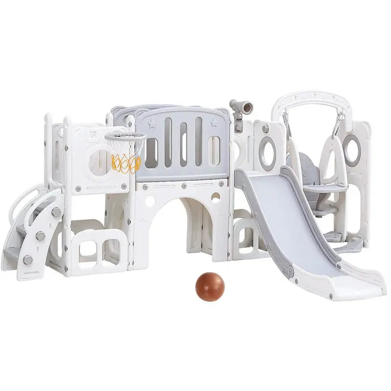 Keezi 4-In-1 Outdoor Play Set With Slide, Swing, Basketball Hoop And Football Ring - Grey And White, 246CM x 147CM x 106.5CM