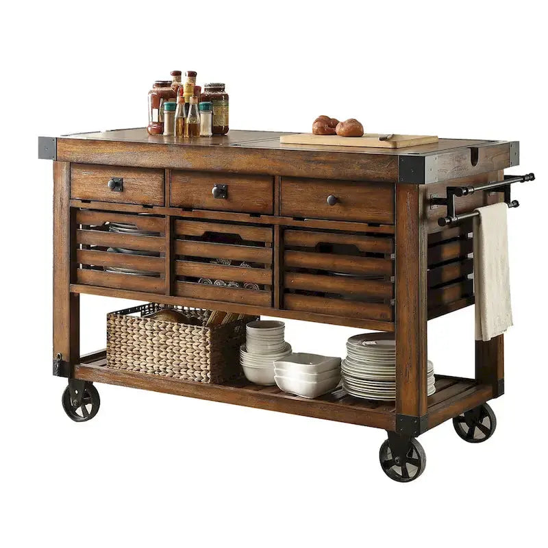 Kitchen Cart Rolling Island With 3 Storage Drawers - Distressed Chestnut