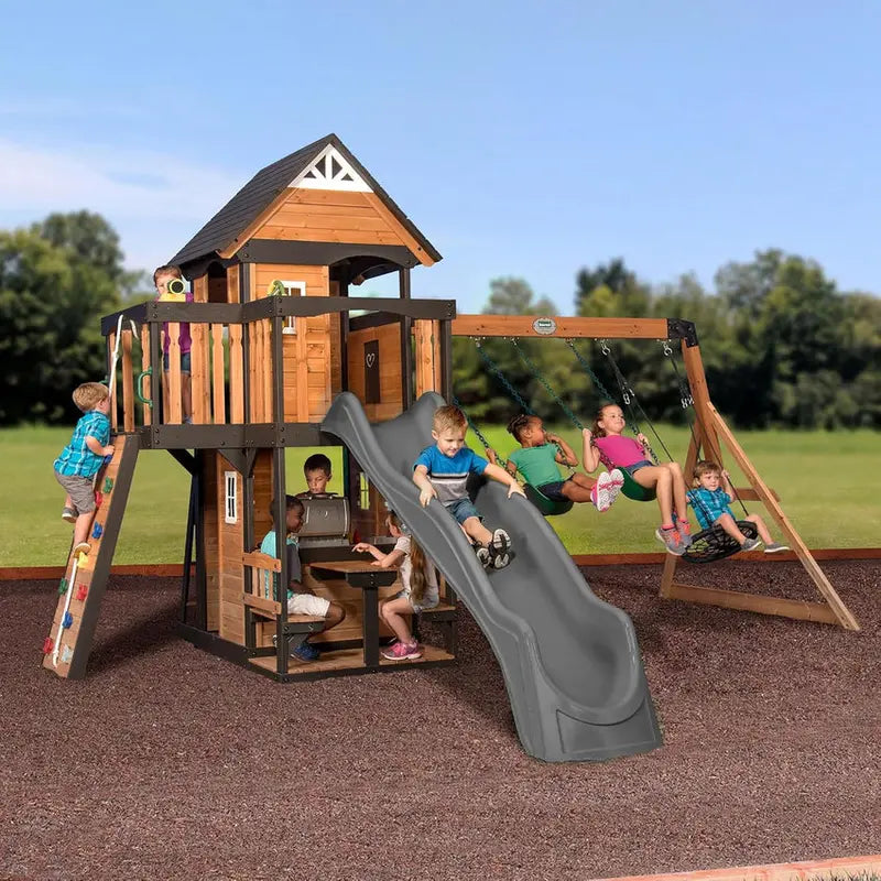 Backyard Discovery Cedar Canyon Creek Swing Set With Clubhouse, Slide, Rock Wall And Multiple Play Zones