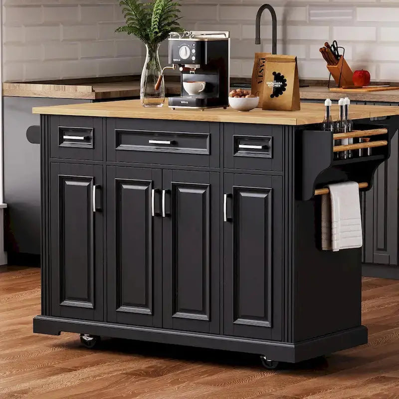 Rubberwood Rolling Kitchen Island Cart, 54.1L x 29.5W x 35.9H, 4 Doors, 3 Drawers
