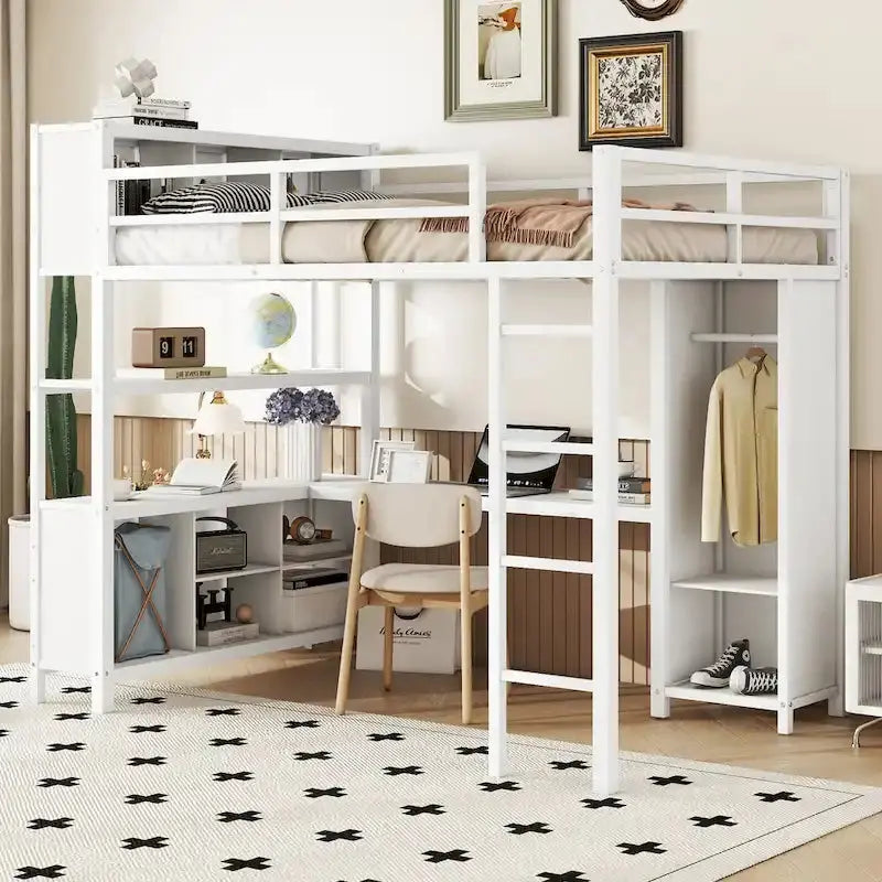 Industrial-Style Full-Size Metal Loft Bed With Desk, Wardrobe And Storage Shelves - Off-White