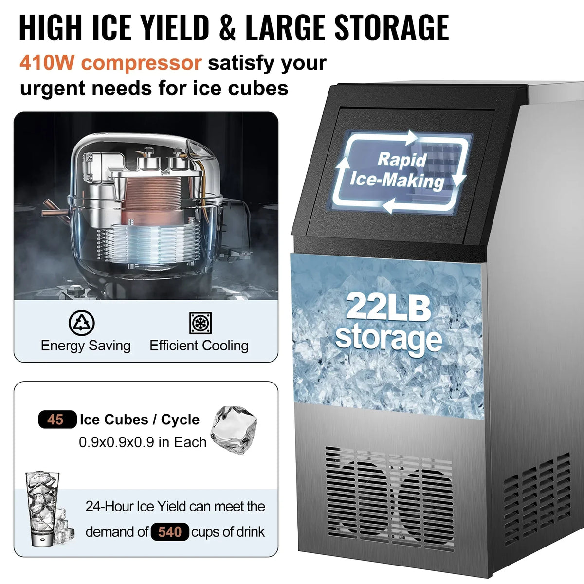 SKYSHALO 110V Commercial Ice Maker, 120lbs/24h, 29lbs Storage, 5x9 Cubes, Stainless Steel