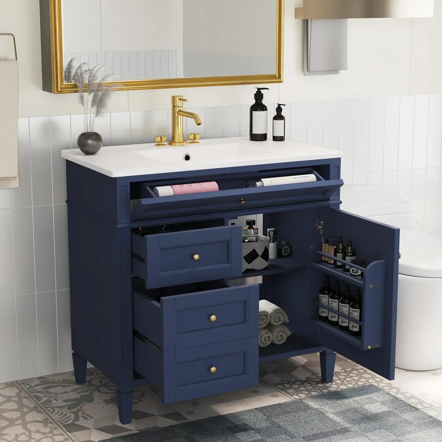 36 Inch Black Freestanding Bathroom Vanity With Single Undermount Sink, 2 Drawers And Tip-Out Drawer