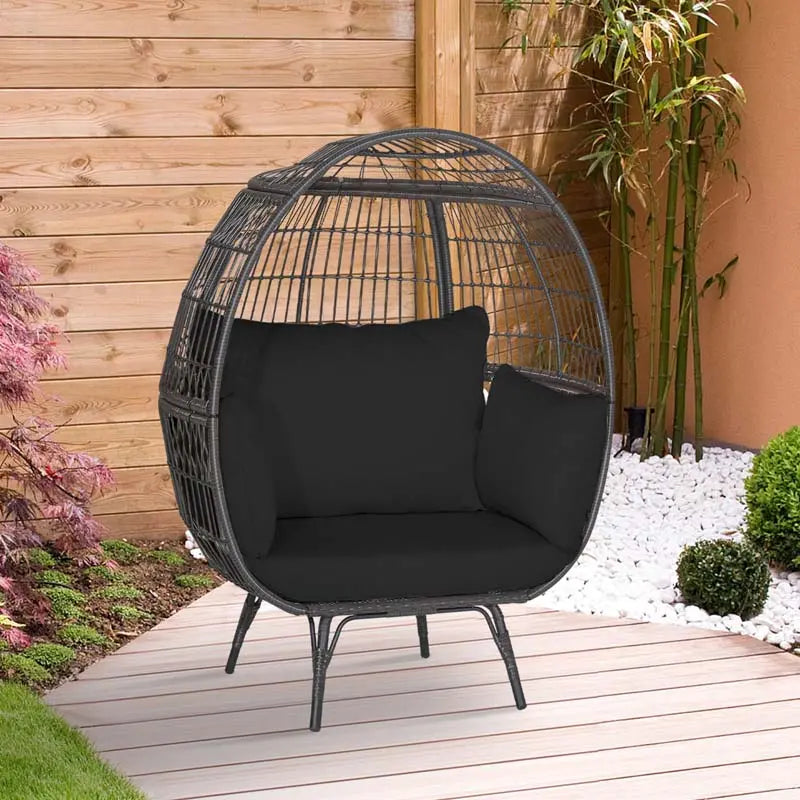 Oversized Wicker Egg Lounge Chair With Four Cushions - Steel-Framed Indoor/Outdoor Basket Seating