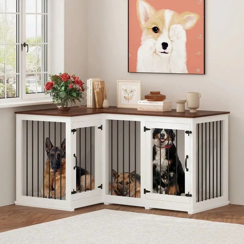 L-Shaped Corner Dog Crate Furniture, 58.7 in x 41.1 in