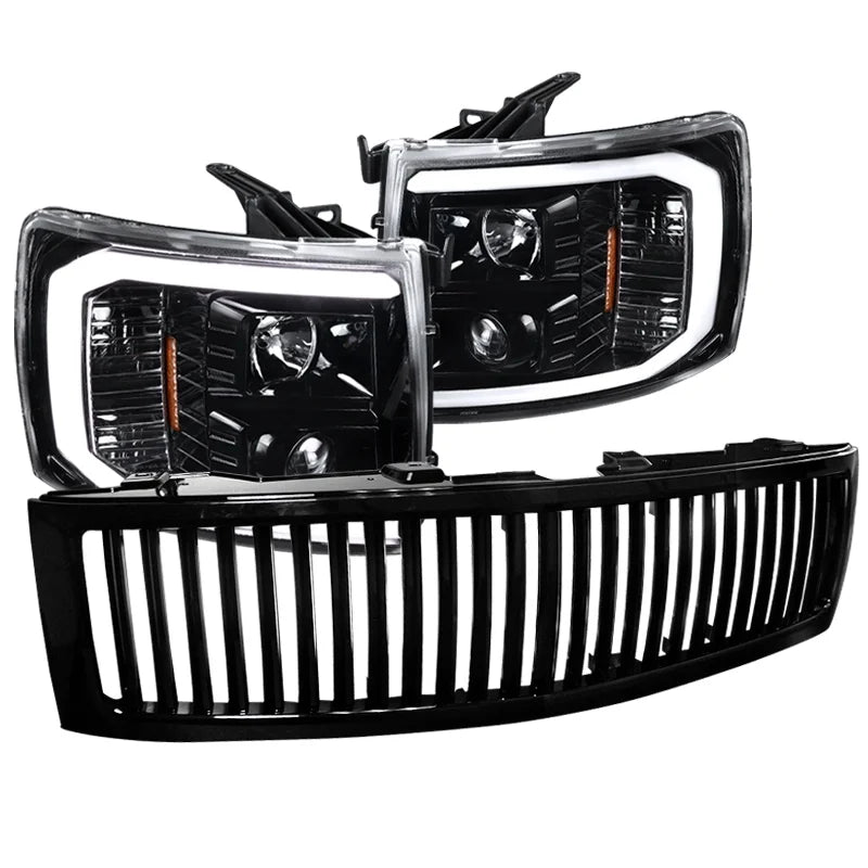 Spec-D Tuning LED Light Bar Projector Headlights and Vertical Grille, Jet Black/Clear, Left/Right Pair - 2007-2014 Chevrolet Silverado