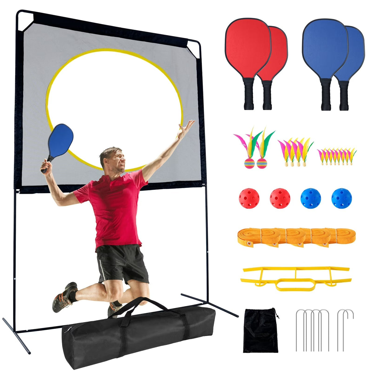 Slsy Portable Pickleball Set With Net, 4 Paddles, 4 Outdoor Pickleballs And 12 Birdies
