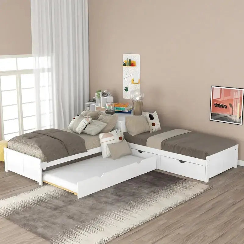 Modern White L-Shaped Twin Platform Bed With Built-In Trundle And Storage Drawers