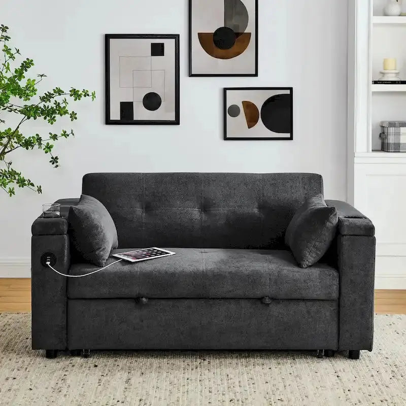 54-Inch Pull-Out Sleeper Sofa Bed With Storage, Lumbar Support And USB Port