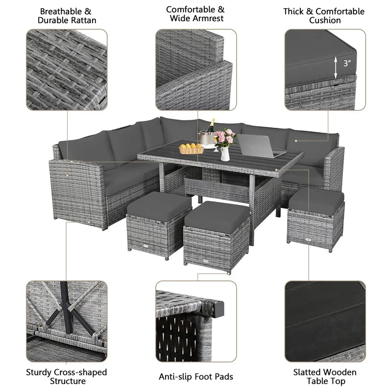 7-Piece Resin Wicker Outdoor Sectional Sofa Set With Dining Table, Ottomans And Cushions