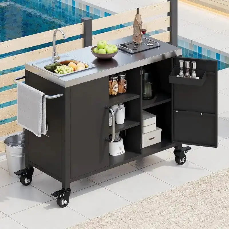 Outdoor Kitchen Island Mobile Bar Cart Station With Built-In Sink And Locking Casters