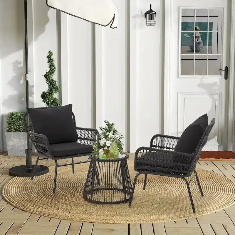 3-Piece Rattan Patio Conversation Set With Glass-Top Bistro Table, Two Wide-Arm Chairs And Seat Cushions