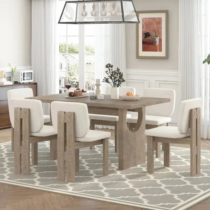 7-Piece Solid Wood Dining Set With Trestle-Base Rectangular Table And 6 Upholstered Chairs