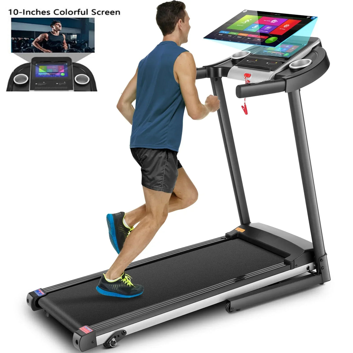 Simpfree Folding Treadmill With 10 Inch HD Touchscreen, 3.25HP, 0.5-9.0 MPH, Black