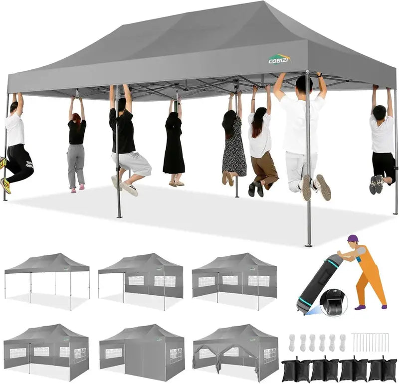 COBIZI 10x20 ft Commercial Pop-Up Canopy Tent With 6 Sidewalls And Roller Bag