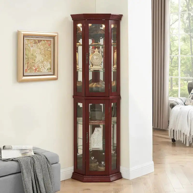Corner Display Curio Cabinet With Tempered Glass Shelves, Mirrored Back And Built-In Lighting, 69.75H x 21.5W x 16D