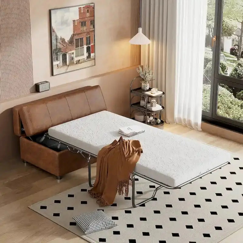 Twin-Fold Ottoman Sleeper Bed With PU Upholstery And Integrated Mattress