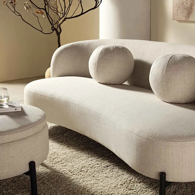 Beige Linen-Blend Curved 3-Seater Sofa With Ball Cushions, W 81.9 x D 37 x H 30.7 in - A120