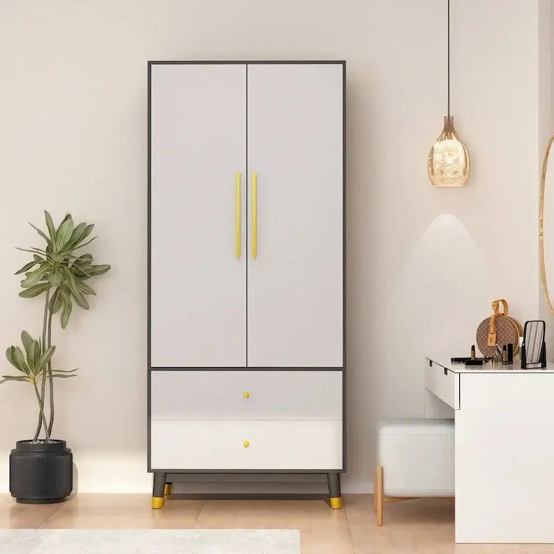 Wooden 2-Door Armoire Wardrobe Closet With 2 Drawers And Clothes Rail - 70.9H x 31.5W x 19.1D
