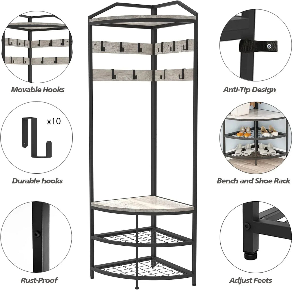 SQRTYVG Corner Hall Tree With Shoe Bench, 10 Movable Metal Hooks, Black - 71.3x18.1x18.1in