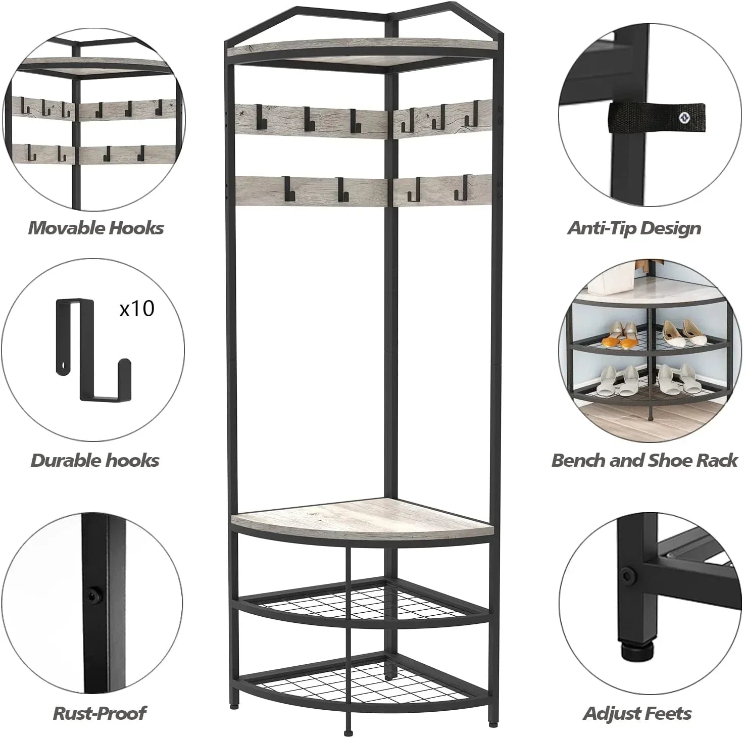 SQRTYVG Corner Hall Tree With Shoe Bench, 10 Movable Metal Hooks, Black - 71.3x18.1x18.1in