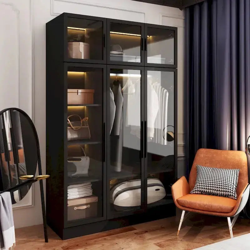 LED-Lit Glass Armoire 47.2in Wide Wardrobe With Full-Glass Doors