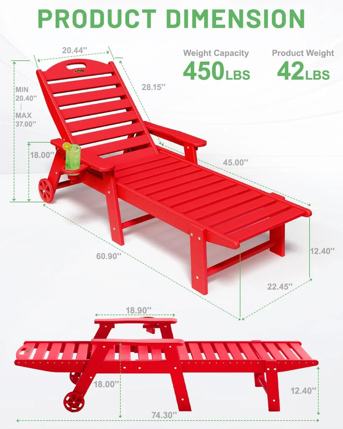 SUUNYN HDPE 6-Position Outdoor Chaise Lounge Chair With Wheels And Cup Holder - Teak