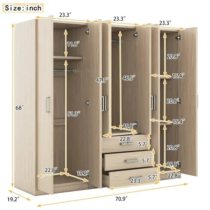 6-Door MDF Bedroom Wardrobe With 3 Large Bottom Drawers - 70.9 X 19.2 X 68