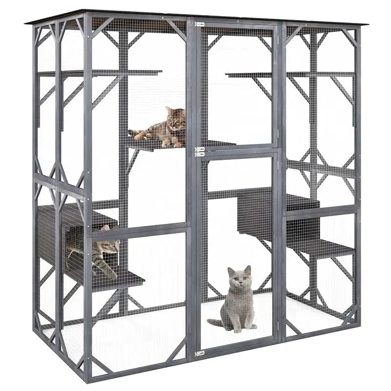 71-Inch Outdoor Wooden Catio Enclosure With 7 Platforms And 2 Condos - Grey