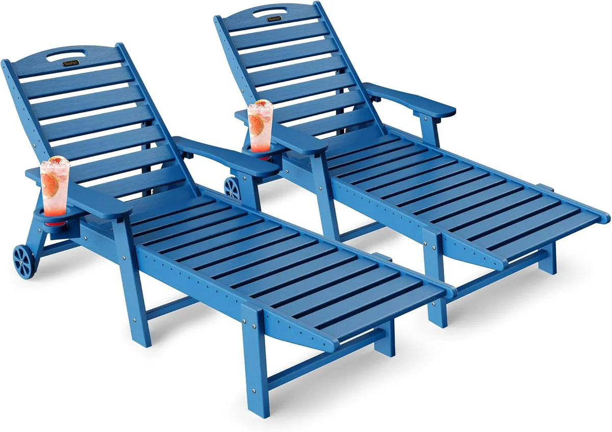 SUUNYN HDPE 6-Position Outdoor Chaise Lounge Chair With Wheels And Cup Holder - Teak