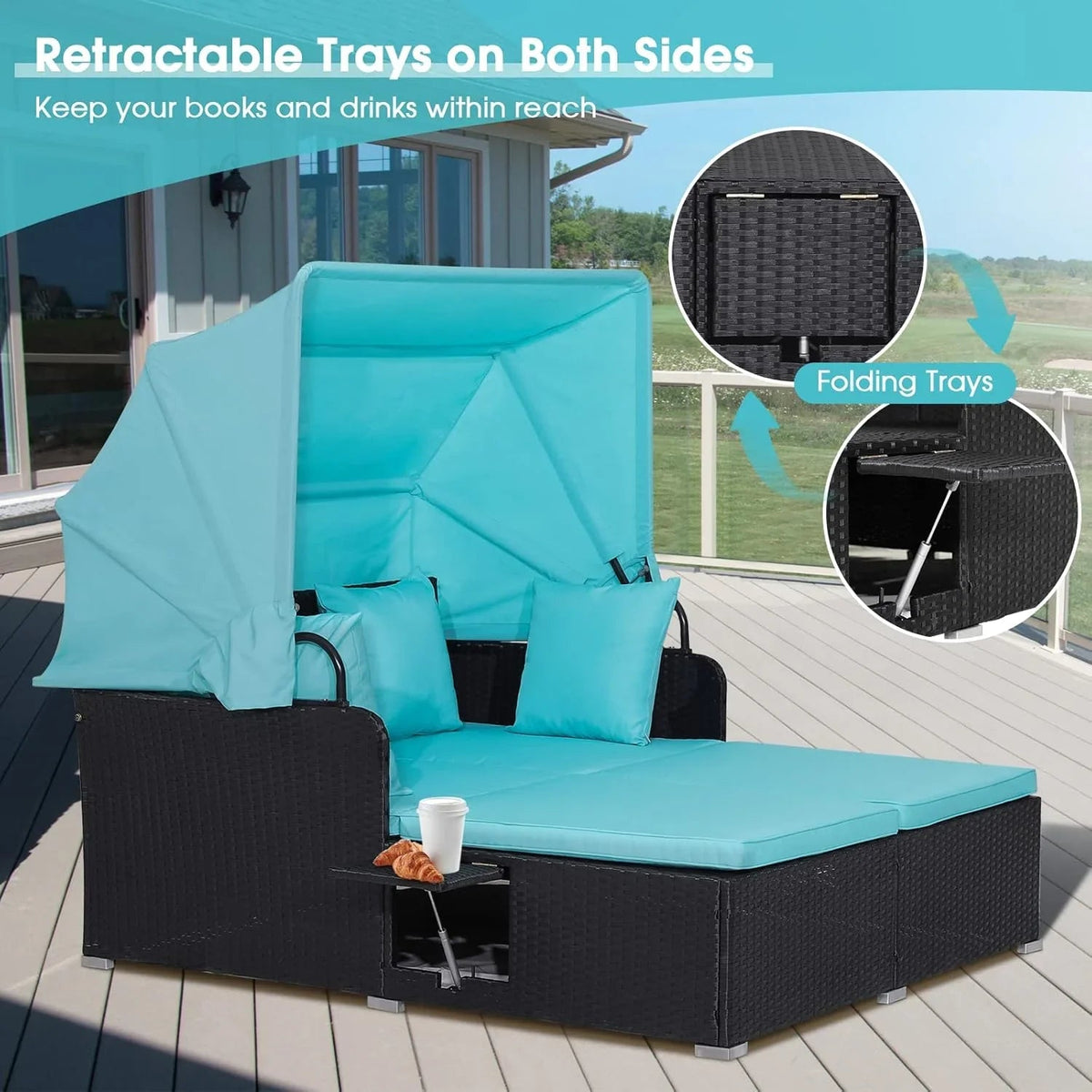 RELAX4LIFE Patio Daybed With Canopy, Cushions, 4 Pillows And 2 Side Trays, Turquoise - B0BYSN7GC7