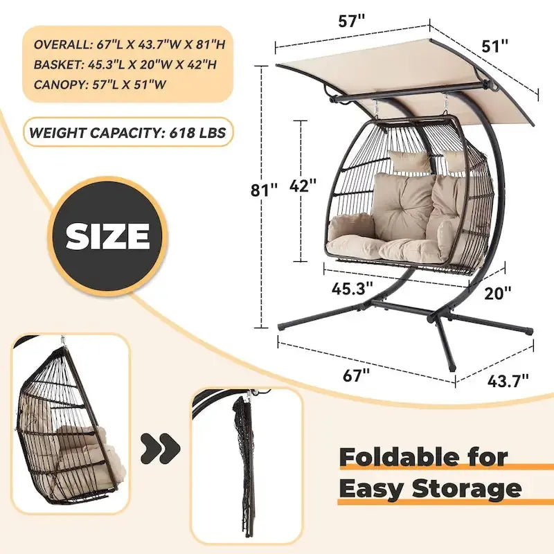 Double Outdoor Swing Loveseat With Stand, Awning And Cushions - Beige