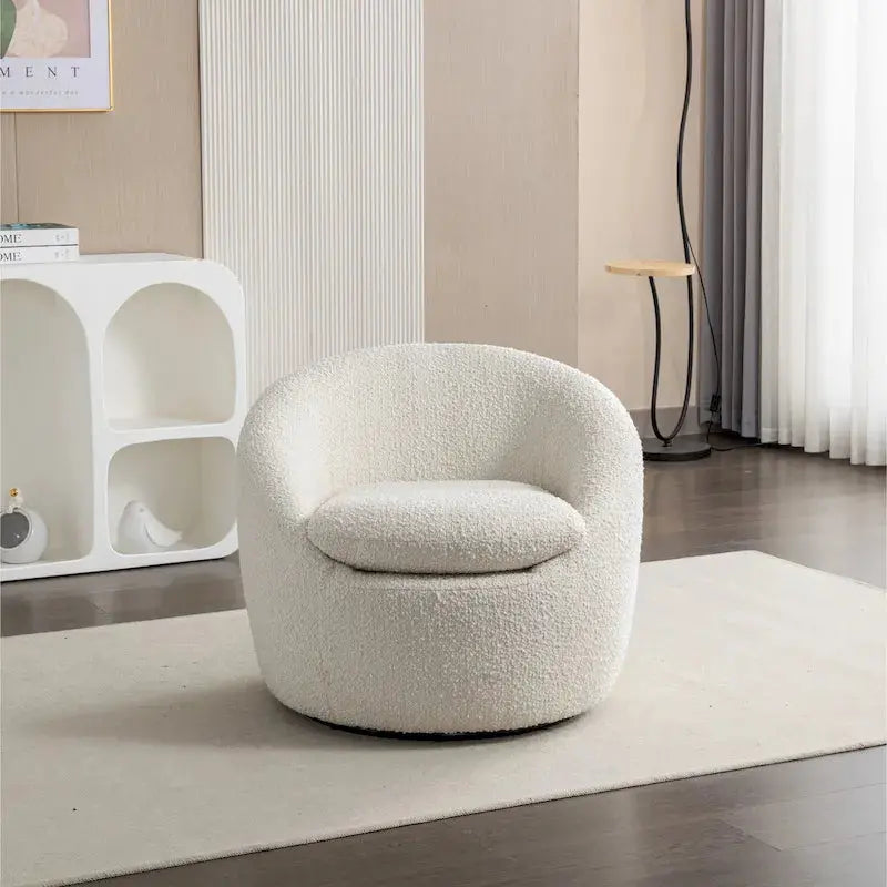 360 Degree Swivel Barrel Accent Chair, Textured Boucle Fabric, 29.5in W x 31in D x 25.5in H
