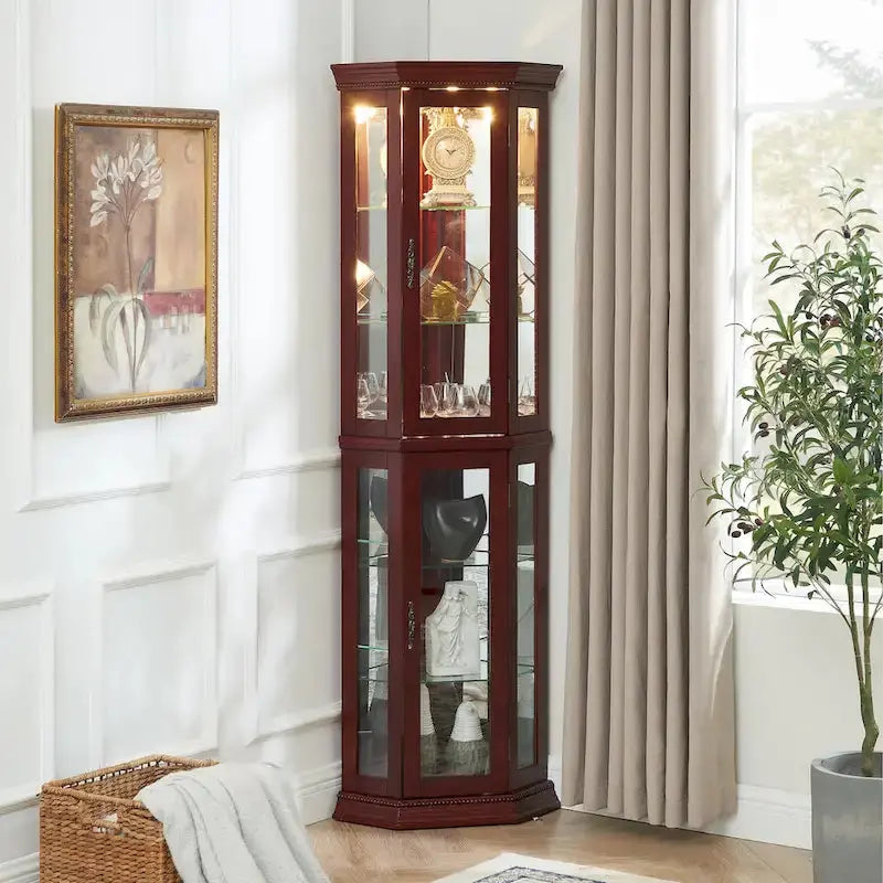 Corner Display Curio Cabinet With Tempered Glass Shelves, Mirrored Back And Built-In Lighting, 69.75H x 21.5W x 16D