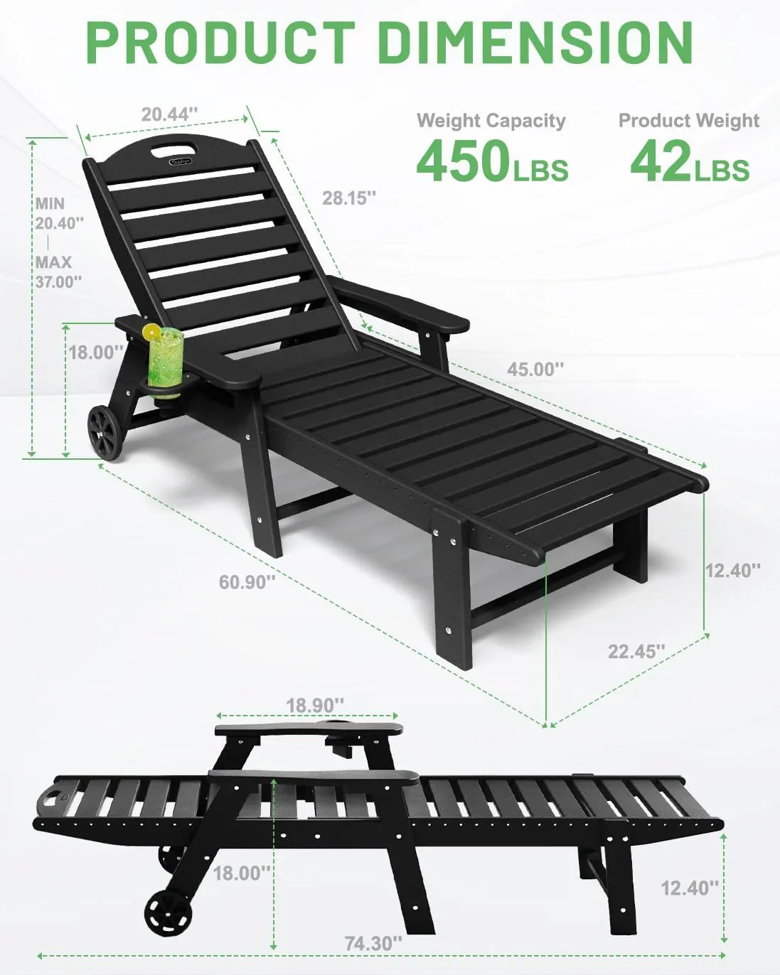 SUUNYN HDPE 6-Position Outdoor Chaise Lounge Chair With Wheels And Cup Holder - Teak