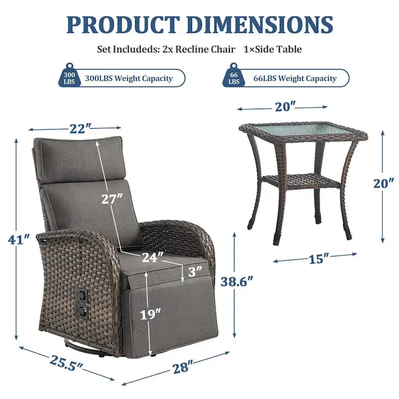 Pocassy Outdoor Recliner Set, 3-Piece, Grey