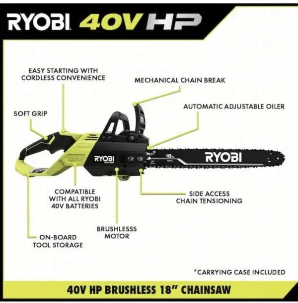 Ryobi 18-Inch 40V Cordless Chainsaw Kit With Battery And Charger - RY40530