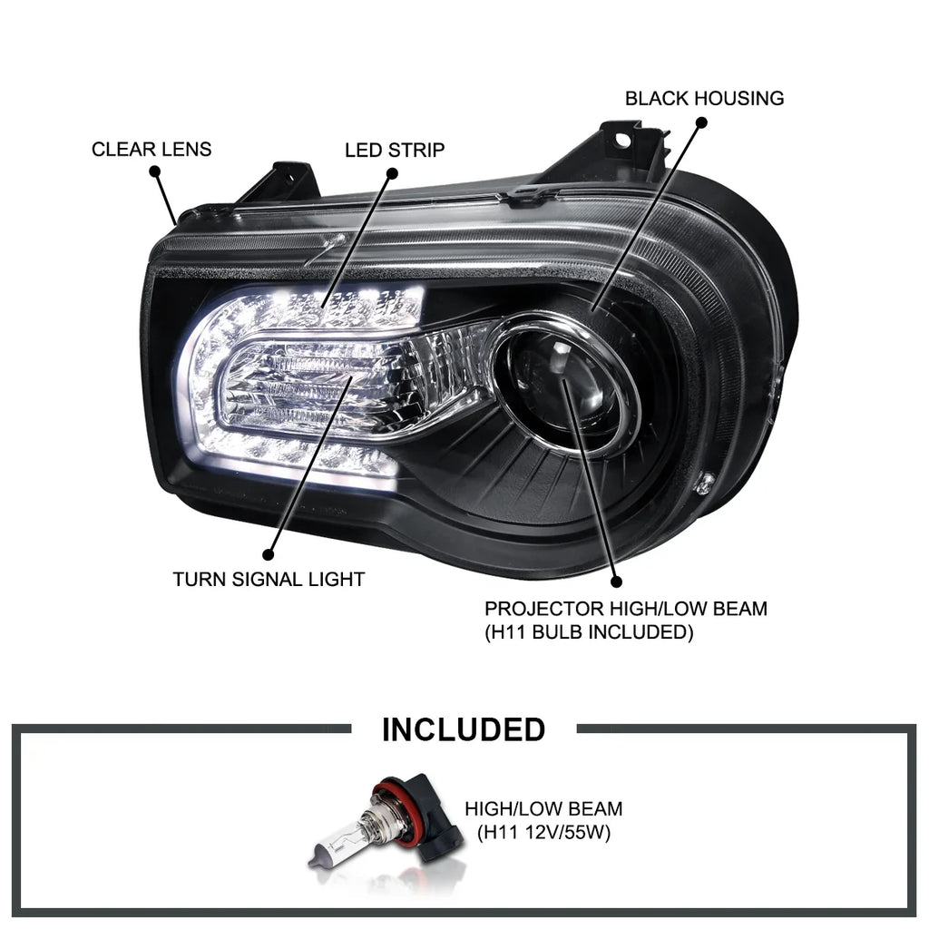 Spec-D Tuning Black LED Strip Projector Headlight Assembly Pair - 2005-2010 Chrysler 300C AWD HEMI SRT-8