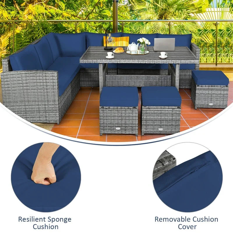 7-Piece Resin Wicker Outdoor Sectional Sofa Set With Dining Table, Ottomans And Cushions