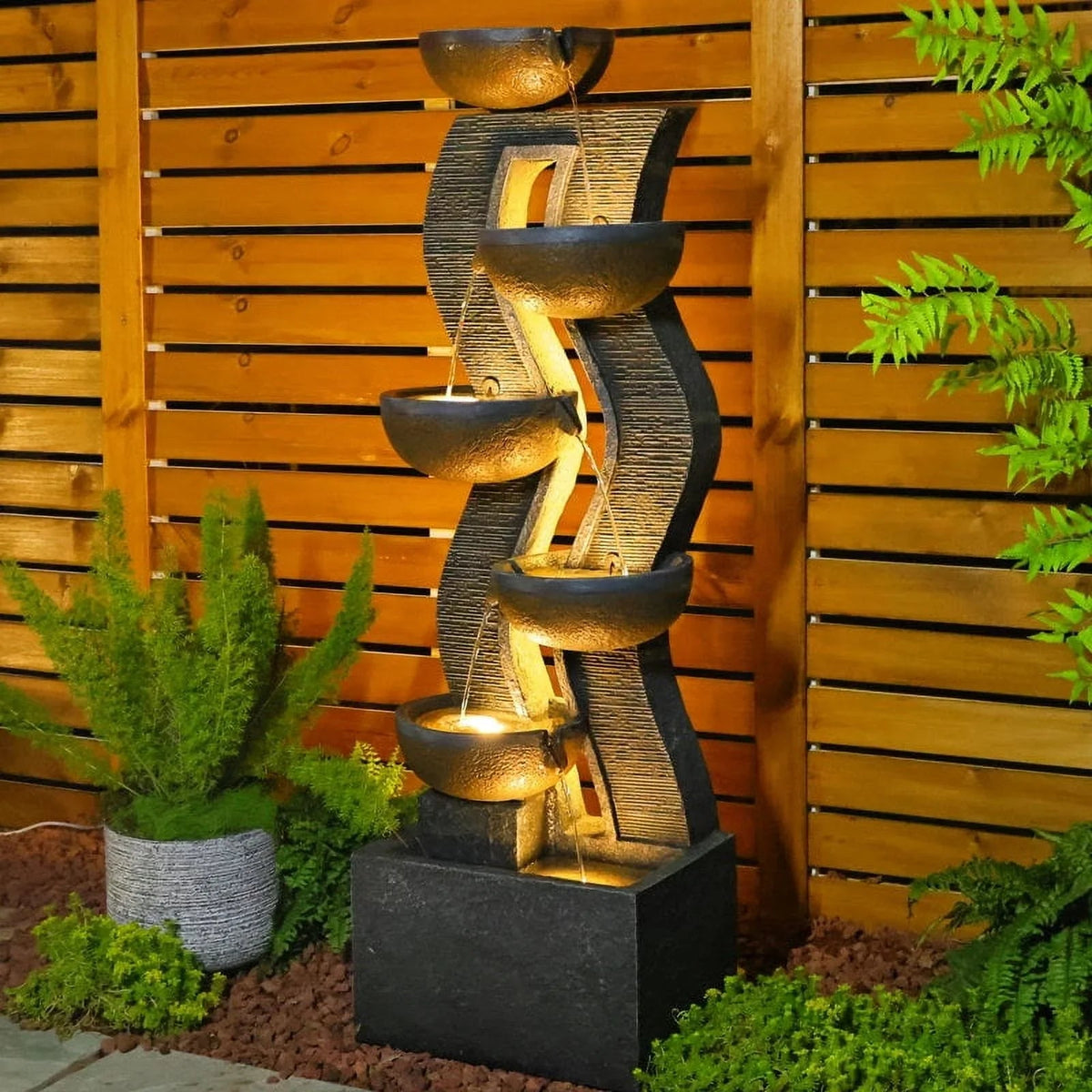 6-Tiered Outdoor Garden Water Fountain With Light, 16.77in L X 13.85in W X 52.8in H