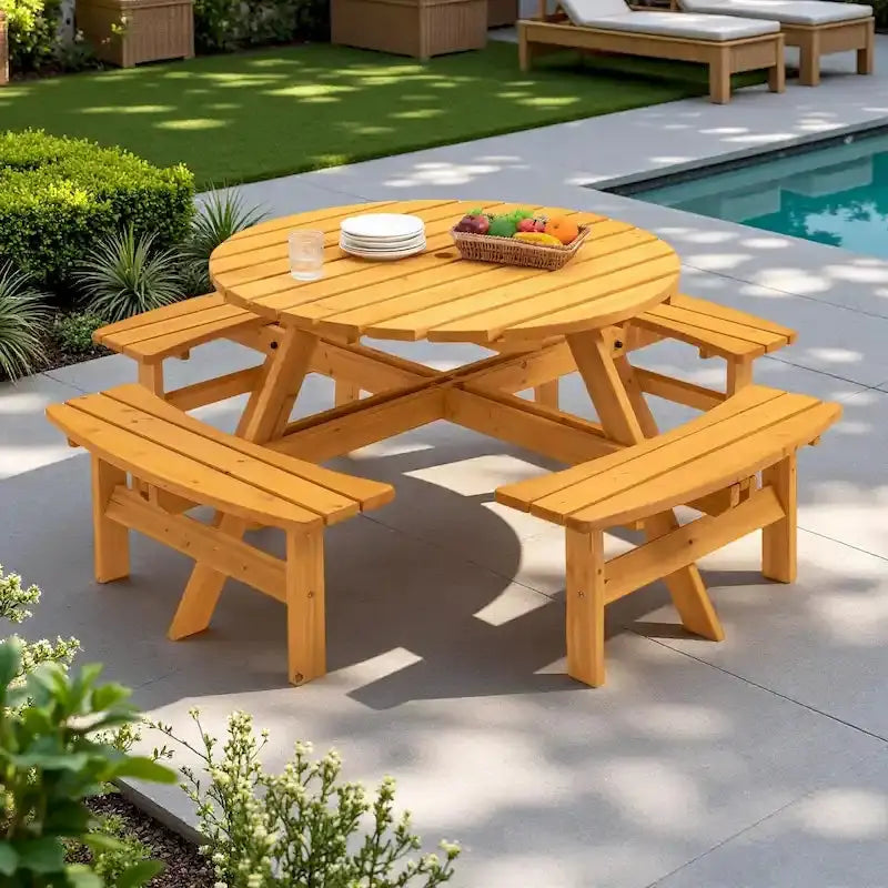 8-Person Fir Wood Round Picnic Table Set With 4 Built-In Benches And Umbrella Hole
