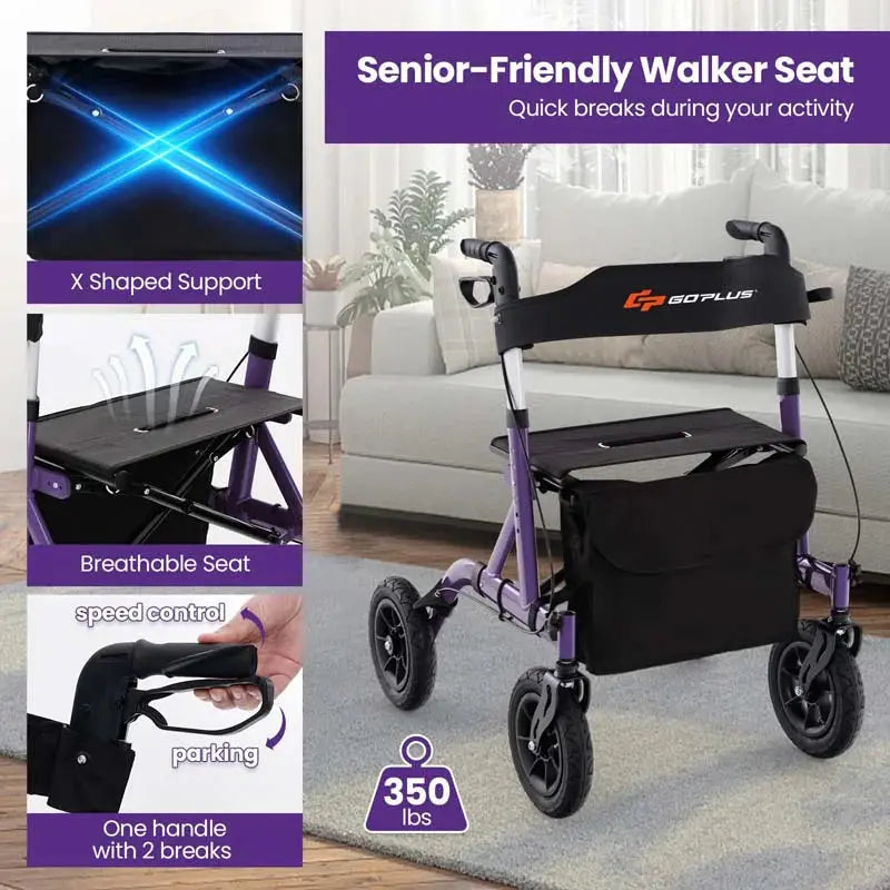 Heavy-Duty Foldable Rollator Walker With 9.5in Pneumatic Wheels, Built-In Seat, Blue Or Purple