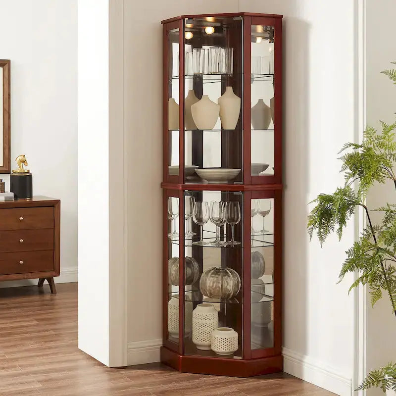 Cherry Corner Curio Cabinet With 6-Tier Display Shelf And Interior Lighting