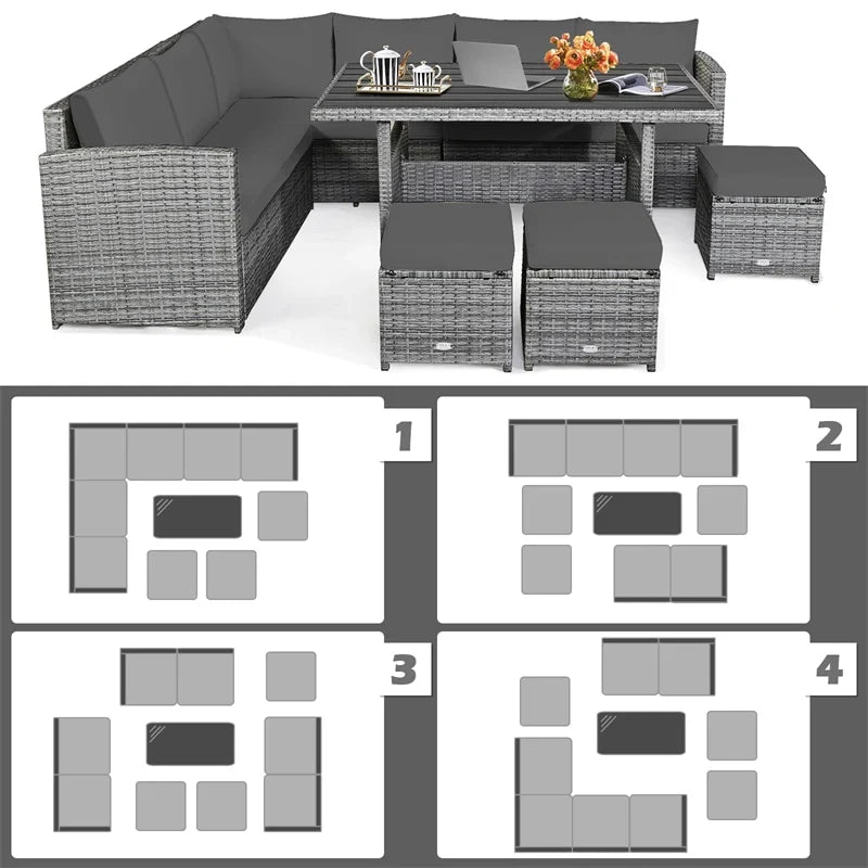 7-Piece Resin Wicker Outdoor Sectional Sofa Set With Dining Table, Ottomans And Cushions