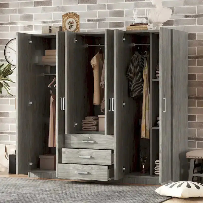 6-Door MDF Bedroom Wardrobe With 3 Large Bottom Drawers - 70.9 X 19.2 X 68