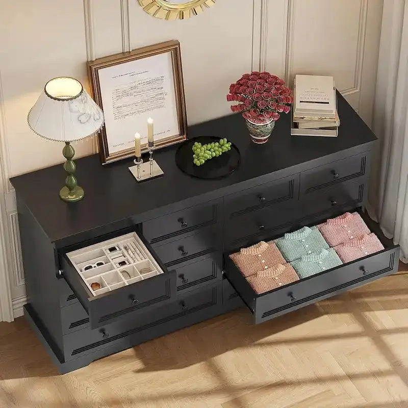10-Drawer Wooden Dresser, White With Black Wood Top, 55 x 15.8 x 35 - Chest Of Drawers