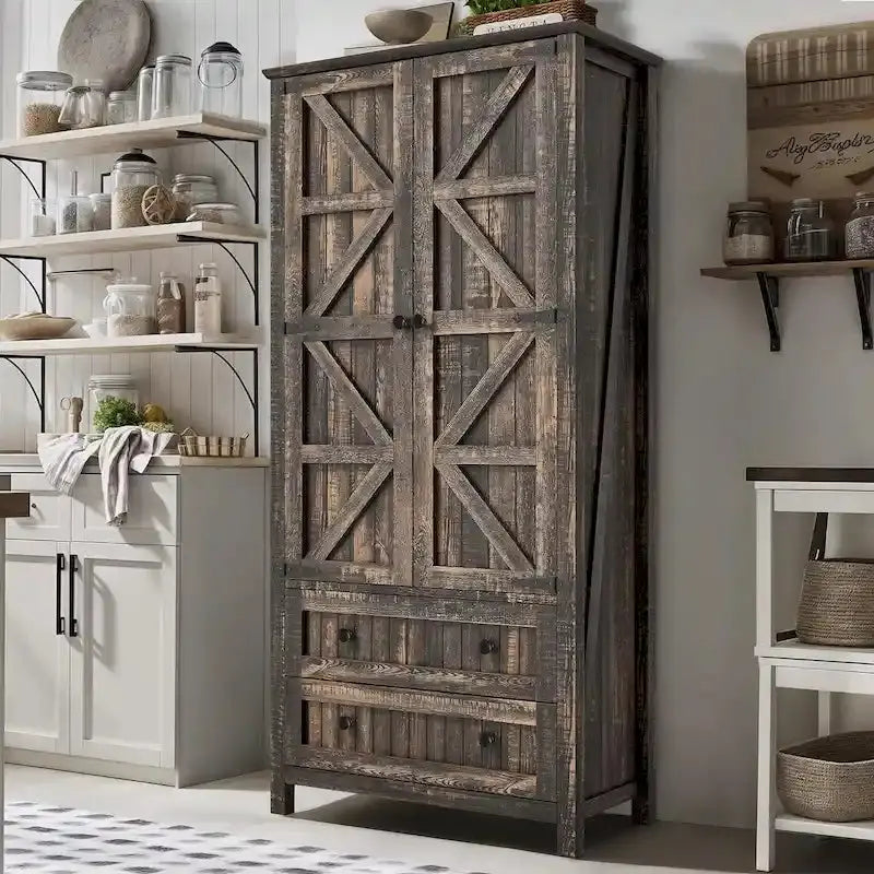 Farmhouse Kitchen Pantry Cabinet With 2 Drawers And Adjustable Shelves - 64in Tall